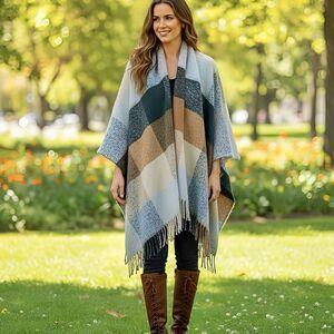 Moss Rose One Sz Blanket Shawl Fall Autumn Fringe Poncho Kimono Ruana Open front